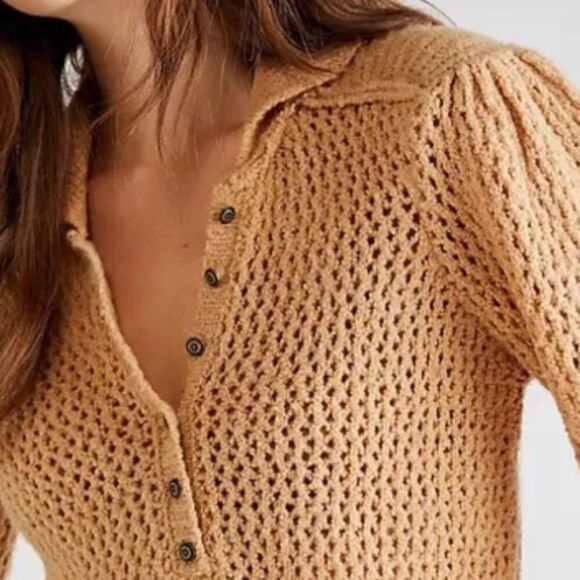 NWT Free People Snowdrift Pullover Camel Heather Ruffled Long Sleeve Collar Chic - Picture 9 of 16